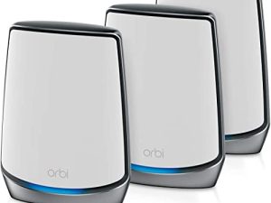 NETGEAR Orbi AX5700 جهاز راوتر شبكة واي فاي 6 ثلاثي الموجات للمنزل بالكامل (RBK843S) مع موسعين للأقمار الصناعية (تغطية تصل إلى 7500 قدم مربع ، 100 جهاز ، حتى 5.7 جيجابت في الثانية ، RBK843S)