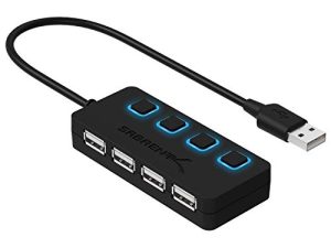 SABRENT 4 منافذ USB 2.0 Data Hub مع مفاتيح طاقة مضاءة بمصابيح LED فردية [الشحن غير مدعوم] لأجهزة Mac والكمبيوتر الشخصي (HB-UMLS)