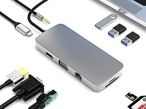 USB C Hub ، 10 في 1 USB C Docking Station مع USB C إلى HDMI وقارئ بطاقات SD ، ومحول صوت USB C إلى 3.5 ملم ومحول إيثرنت ، ومنفذ VGA إلى USB C ، و 3 منافذ USB ، ومنفذ شاحن USB C 100W