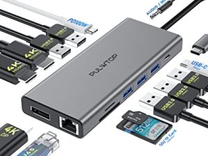 PULWTOP 14 in 1 Laptop Docking Station Dual Monitor ، USB C Docking Station Triple Display Type C Hub Multiport Adapter Dongle إلى 2 HDMI 4K ، DP 4K60Hz ، Ethernet ، TF / SD ، 5 * USB A ، 100W PD ، لجهاز MacBook