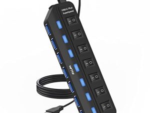 IVETTO USB Hub 3.0،7-Port USB Hub USB Splitter with 3ft Long Cable and Single LED Switches for Laptop، PC، MacBook، Mac Pro، Mac Mini، iMac، Surface Pro والمزيد من أجهزة USB