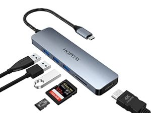 محول HOPDAY 6 في 1 USB C ، محور USB C مزدوج العرض لجهاز MacBook Pro / Air ، محطة إرساء USB 3.0 بسرعة 5 جيجابت في الثانية (4K HDMI ، SD / TF ، USB A 3.0) لأجهزة Dell و Surface و HP و Lenovo وأجهزة أخرى من النوع C