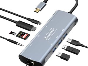 YCBUENO USB C Hub ، محاور USB 9 في 1 مع 4K HDMI ، 3 منافذ USB 3.0 ، RJ45 ، توصيل طاقة 100 واط ، قارئ بطاقات SD / TF ، قاعدة توصيل مقبس صوت 3.5 ملم لأجهزة iPad Pro / MacBook Pro / XPS / المزيد من أجهزة Type C