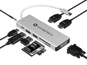 NOV8Tech USB C Hub 9-in-1 Docking Station فضي USB C إلى محول HDMI مزدوج ، VGA ، 100W PD ، SD / Micro SD ، 2 USB Ports for MacBook Air Pro M1 M2 ، Dell / XPS / MateBook / HP / Acer / Lenovo / أسوس (Thunderbolt 3)