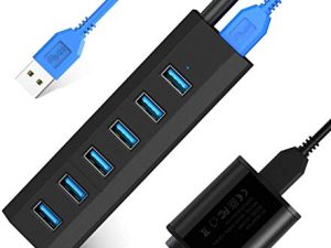 USB Hub ، Aiibe 6 Ports Super High Speed USB 3.0 Hub Splitter + محول طاقة 10 وات + كابل USB 3.0 ، شاحن أسود ذكي سريع مدعوم بمركز USB لأجهزة الكمبيوتر المحمول ، Mac ، الكمبيوتر الشخصي ، HDD المحمول ، أجهزة متعددة