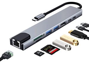 USB C Hub ، 8-in-1 USB C Docking Station لأجهزة الكمبيوتر المحمولة أو الأجهزة الأخرى من النوع C ، مع USB C إلى HDMI ، وقارئ بطاقات USB C SD / Micro SD ، ومحول USB C إلى Ethernet ، و USB 3.0 ، و USB C Dock / 80W شحن سريع