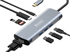 YCBUENO USB C Hub ، محاور USB 8 في 1 مع 4K HDMI ، 3 منافذ USB 3.0 ، 1080P VGA ، 100 واط توصيل الطاقة ، قاعدة قارئ بطاقات SD / TF لأجهزة iPad Pro / MacBook Pro / XPS / المزيد من أجهزة Type C