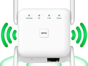 موسع نطاق WiFi - معزز مكرر إشارة لاسلكي 1200Mbps ، موسع إشارة لاسلكي مزدوج النطاق 2.4G و 5G ، 4 هوائيات 360 درجة تغطية كاملة ، تمديد إشارة WiFi إلى أجهزة المنزل الذكي （AK1207）