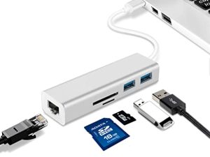محول USB C إلى Ethernet مع منفذين USB 3.0 ، وظيفة قارئ بطاقات SD TF ، 5 في 1 من الألومنيوم نوع C جيجابت LAN Network Hub لأجهزة MacBook Pro / Air وأجهزة Thunderbolt 3 الأخرى