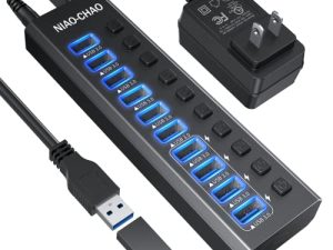 موزع USB C بالطاقة [   ] موزع USB مزود بـ 10 منافذ ، موزع USB 3.0 سريع الشحن من سبائك الألومنيوم متوافق مع جميع أجهزة USB ، أجهزة الكمبيوتر المحمولة وأجهزة الكمبيوتر المكتبية