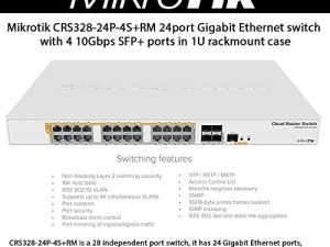 جهاز توجيه / محول Mikrotik CRS328-24P-4S + RM 24 منفذ جيجابت إيثرنت مع أربعة منافذ SFP + 10 جيجابت في الثانية في علبة حامل 1U ، التمهيد المزدوج وإخراج PoE ، 500W