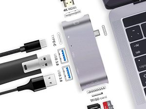 USB C Hub و Amalen [6 في 1] محول USB C من النوع C 3.1 مع منفذين USB-C 3.0 وقارئ بطاقات SD / TF وشحن HDMI 4K و PD لأجهزة MacBook Pro و Micsoft 950XL و Google Chromebook والمزيد من الأجهزة من النوع C (رمادي )